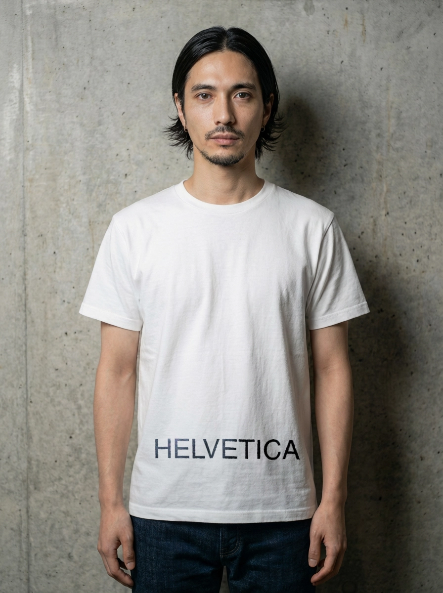 HelveticaのロゴTを着た男性モデル